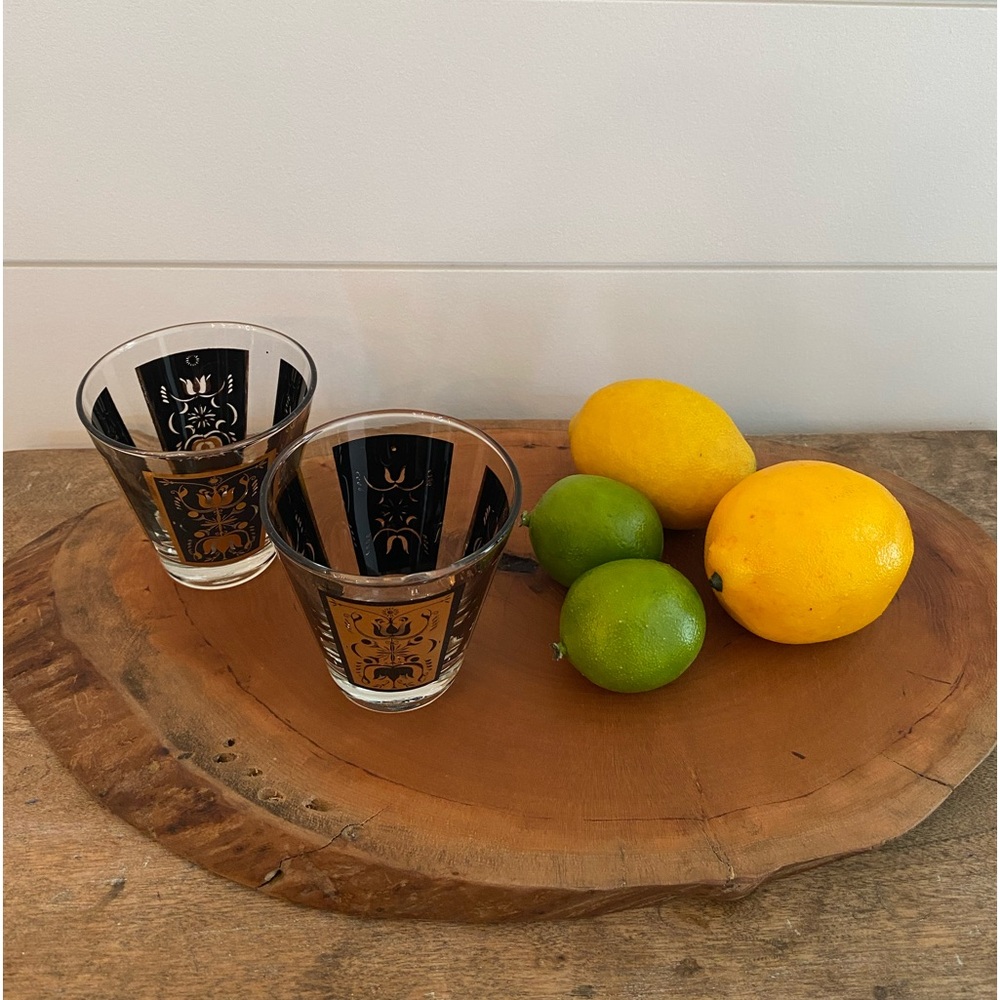 Set of 2 Vintage Dominion MCM Gold Black Low Ball Whiskey Glasses Mid Century